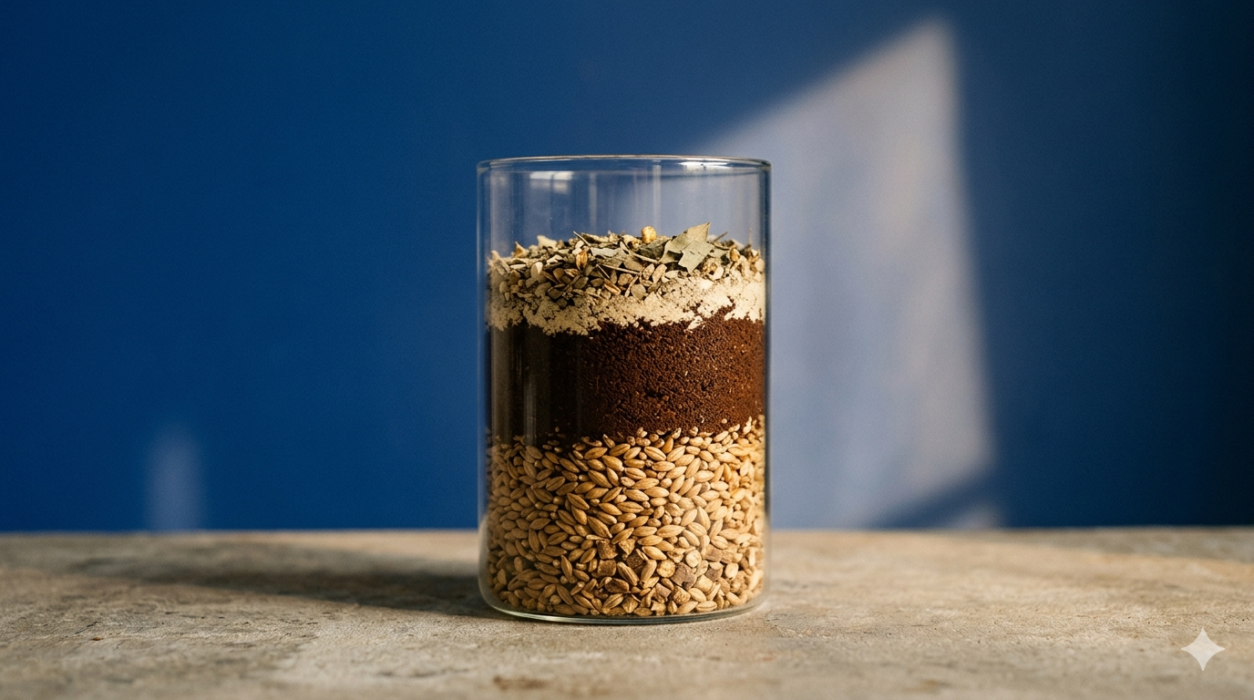 Glas mit drei Schichten: Getreide, Kaffeearoma, Wachmacher